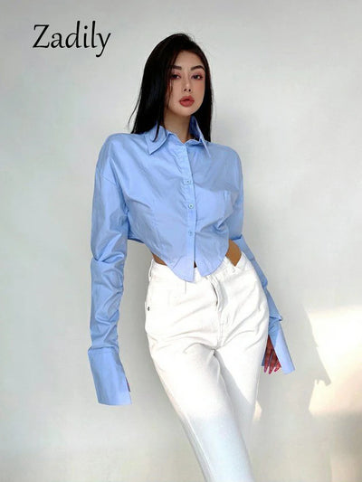 Zadily 2025 Summer Korean Style Long Sleeve White Shirt Women Sexy Button Ladies Crop Tops Blouse Street New In Female Clothing
