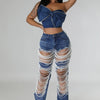 Women's Destroyed Ripped Hole Denim Pants Pearl Rhinestones Chain Distressed Slim Fit Skinny Jeans Y2K Night Club Party Jeans