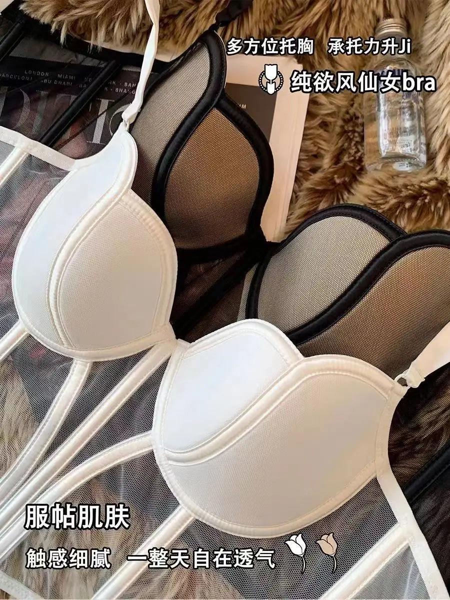 French Ladies Transparent Mesh Corset Sexy Shaper Thin Bra Set Night Club Sweet Cropped Top Girls Hot Bra and Panties Bralette