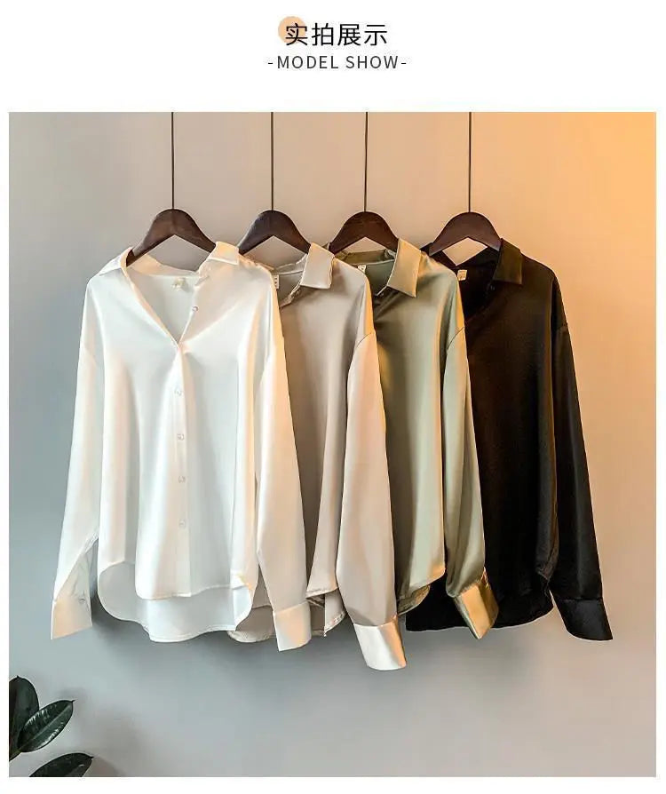 1pcs Woman Spring Autumn Satin Shirt Lady Long Sleeve Lapel Blouses Cardigans Elegance Sweet Casual Coats Girl Sunscreen Top
