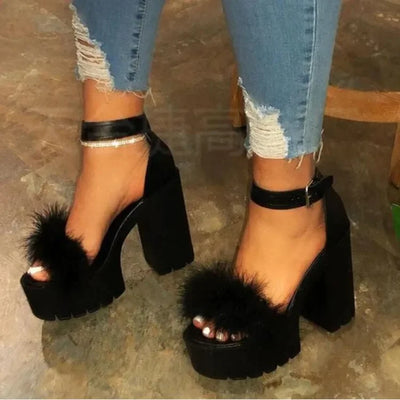Damen Pelz Sandalen High Heels mit Fell Damen Plateau Pumps Damen Knöchelriemen Damen Keilschuhe Sommer 2022