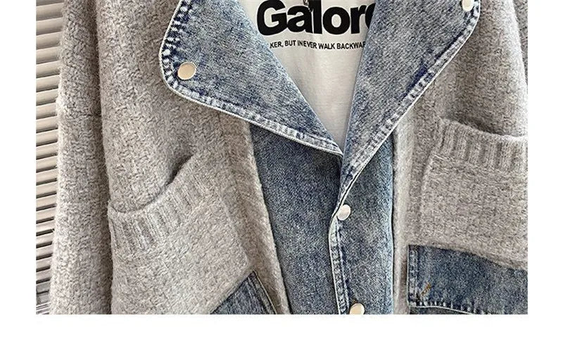 2023 New Autumn Winter Women Splicing Denim Jacket Women Long Sleeve Jean Jackets Female Loose Sweater Cardigan Jacket