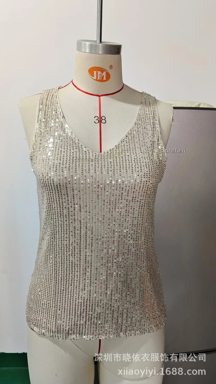 Women's Summer New Item Solid Color Fashion Sequin Light Mature Sexy V-neck Sleeveless Camisole Vest Pullover Top
