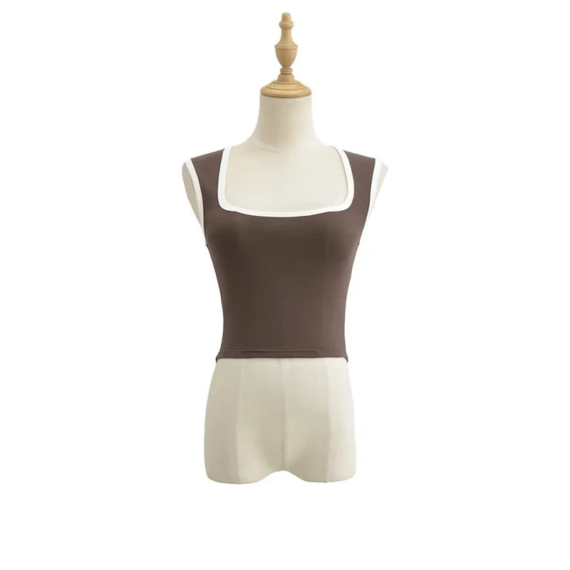 Woman Fashion Slim Solid Contrust Camis Casual Sleeveless Tanks Square Collar Crop Tops Clothing Streetwear Mujer 2024 Y2k
