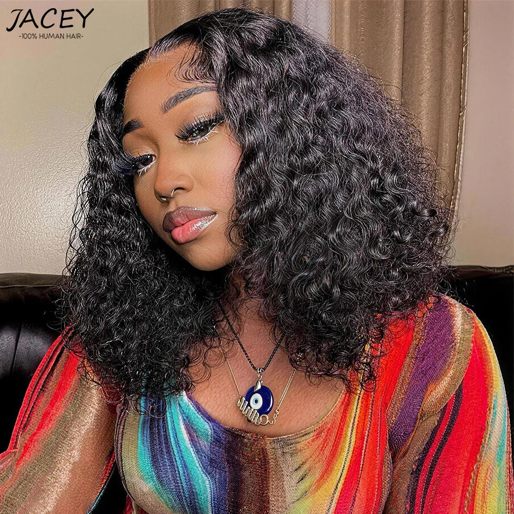 Deep Curly Short Bob Wig Human Hair 180 Density 13x4 Lace Front Wigs for Women Pre Plucked Deep Wave T Lace Wigs Natural Black