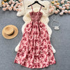 2024 New Summer Korean Fashion Rose Flower Print Romantic Retro Party Dress Elastic High Waist Vacation Long Dress Beach Vestido
