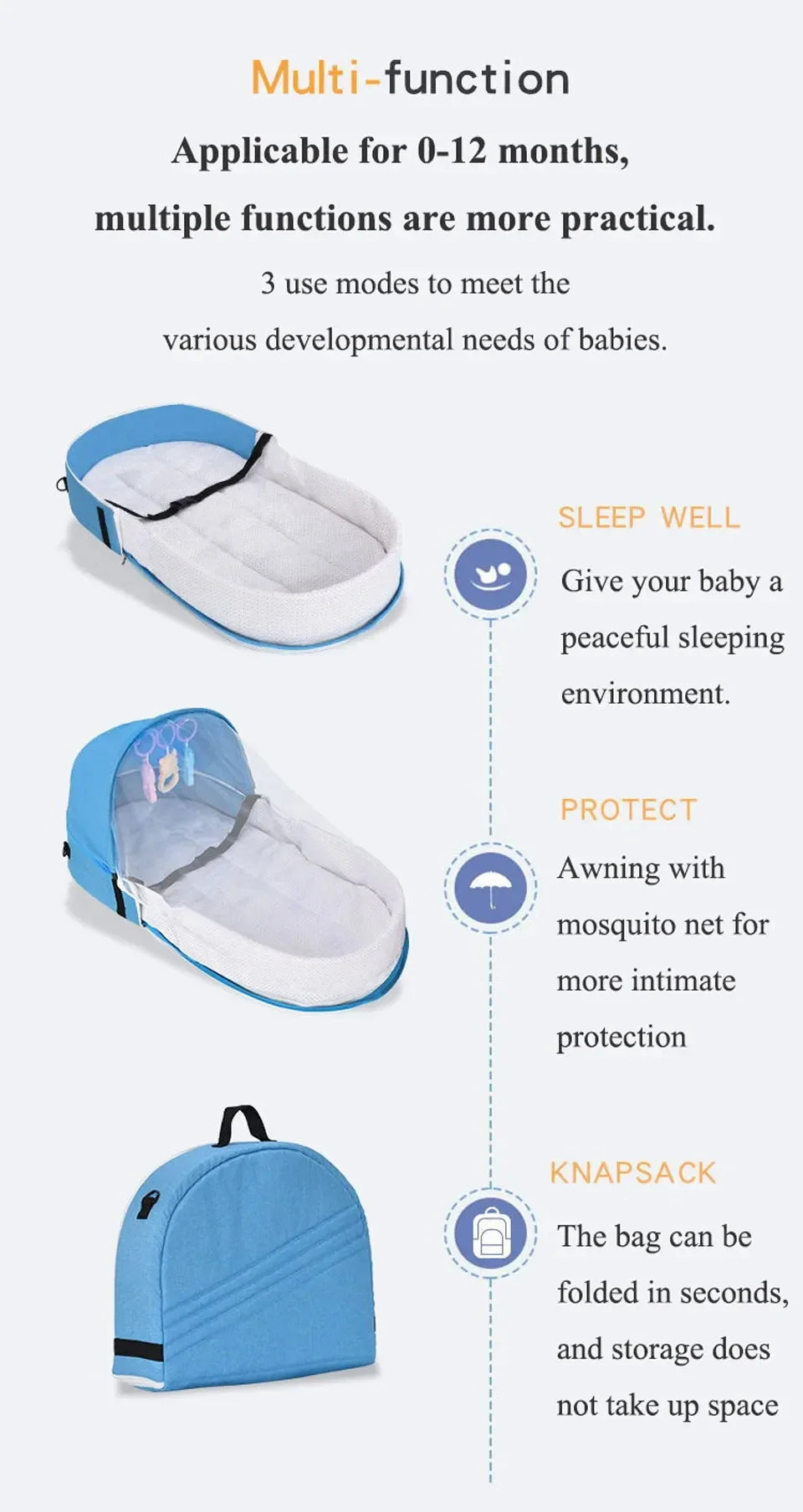Babybett, faltbar, tragbar, mit Netz und Verdeck, Babynest, tragbares Babybett zum Campen, Säuglingswiege