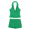HH Women Pink 2 Piece Set Sexy V-Neck Sleeveless Backless Suspender Zipper Top+High Waist Back Pocket Mini Skirts Shorts Y2K