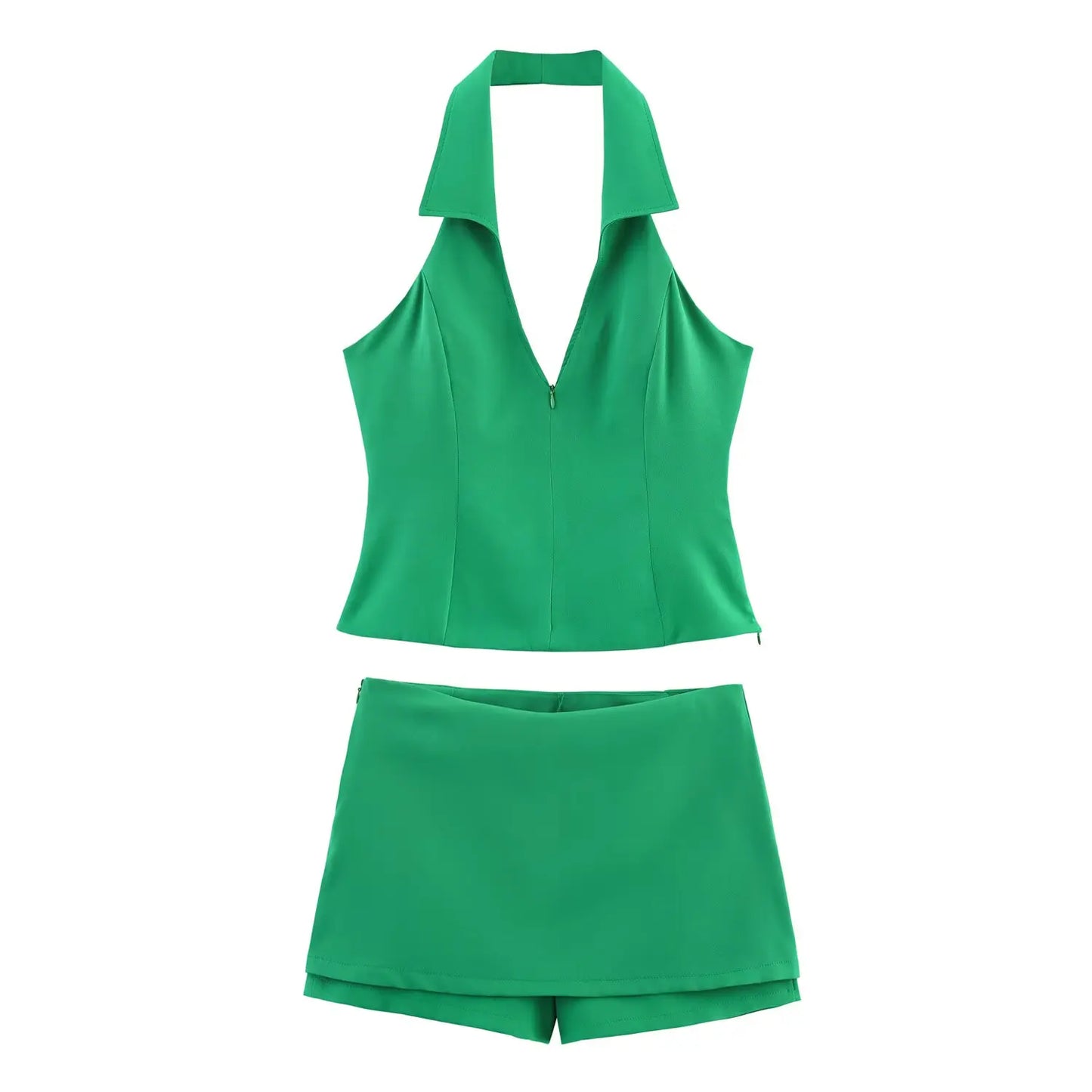 HH Women Pink 2 Piece Set Sexy V-Neck Sleeveless Backless Suspender Zipper Top+High Waist Back Pocket Mini Skirts Shorts Y2K