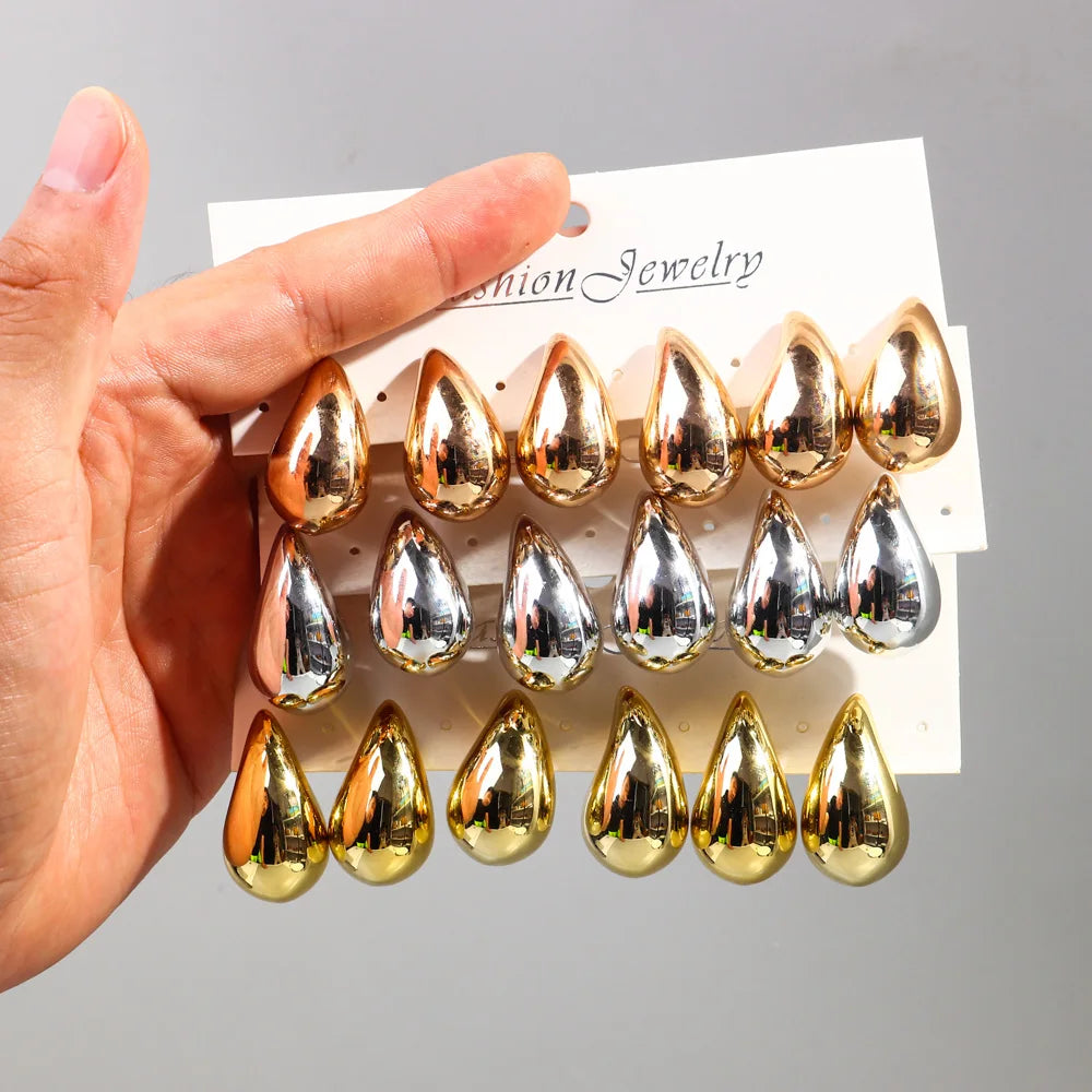 3 Pair/Set Chunky Gold Plated Waterdrop Hoop Earrings for Women Smooth Multicolour Acrylic Tear Drop Earring Lightweight Jewelry
