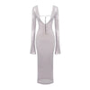 Abendkleid Damen Elegant Pailletten Tiefer V-Ausschnitt Langarm Midikleid Sexy Luxuriös Rückenausschnitt Schnürung Knöchellang Bandage Partykleid