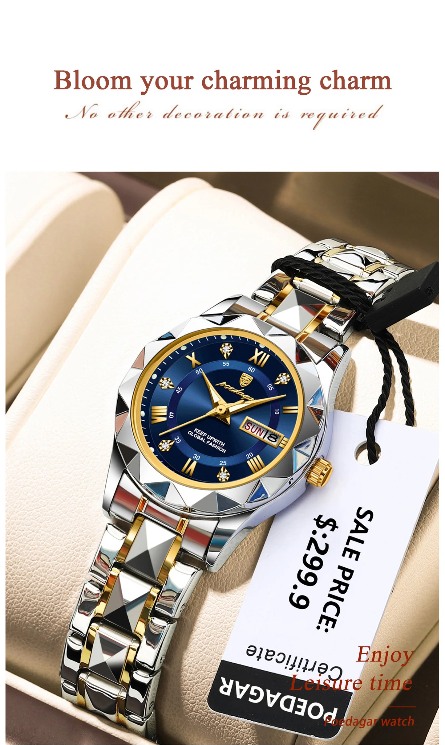 POEDAGAR Luxuriöse Damen-Kleideruhr, leuchtend, wasserdicht, Wochen- und Datumsanzeige, Damenarmbanduhr, Edelstahl-Damenquarzuhr reloj+box
