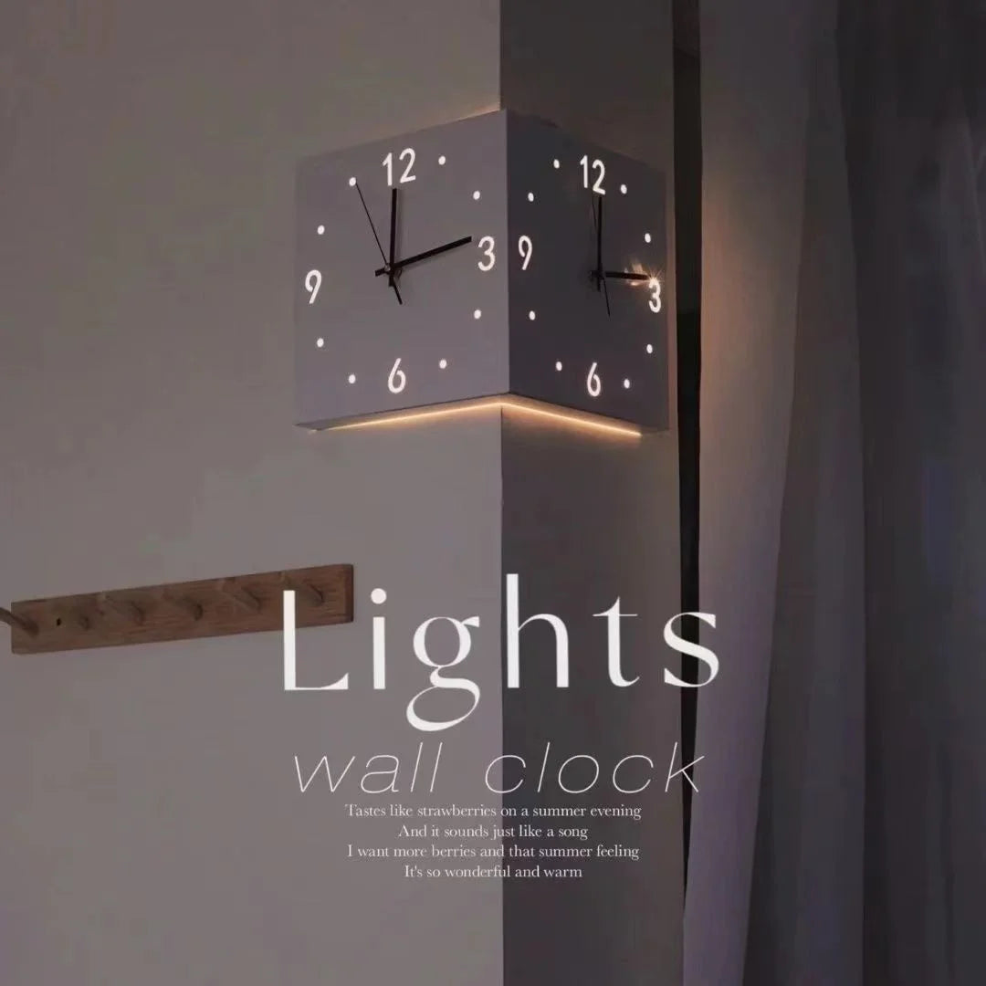 Kreative Lichtsensor Eckwanduhr Quadratisch Einfache Doppelseitige Wanduhr mit arabischer Ziffernskala Analoge Geräuschlose Wanduhr