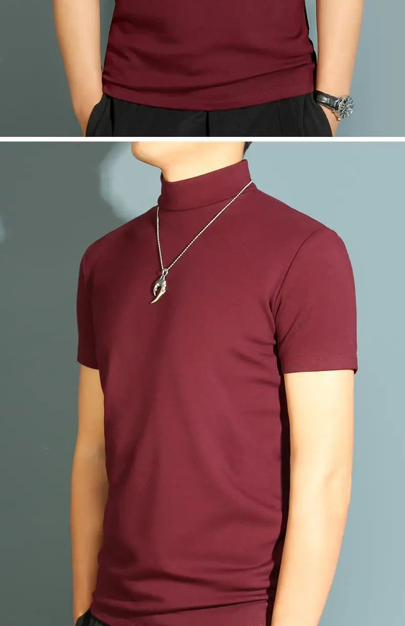 Men's Modal High Neck Short Sleeve T-Shirt Bottoming Shirt Silk Model Golf Wear Luxury Clothing Men's T-Shirt Bottoming Shirt