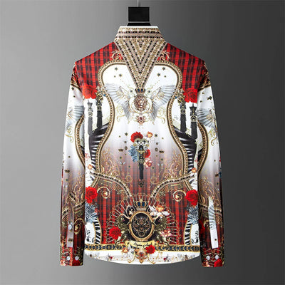Fashion Herren Luxus Retro Print Hemd Krone Diamant Casual Gesellschaftshemd Langarm Slim Fit Business Party Hemd XS-6XL