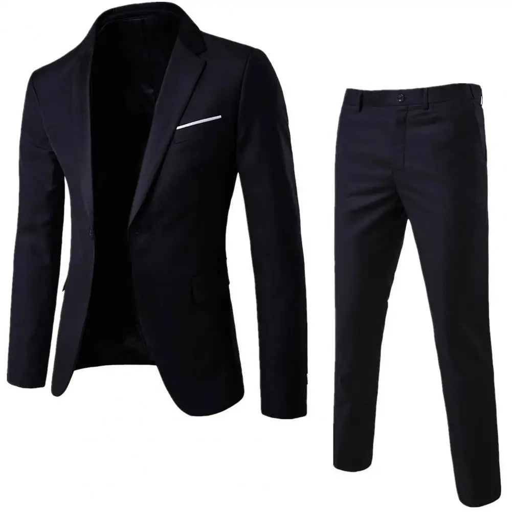1 Set Stylish Formal Suit Temperament Men Pants Turndown Collar Pure Color One Button Suit Set Daily Wear