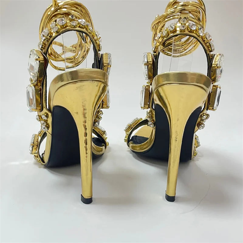 Liyke Sexy Knöchelriemen Vergoldete Sandalen Damen Party Nachtclub Stripper Heels Hohe Qualität Kristall Diamant Spitz Zehe Hochzeitsschuh