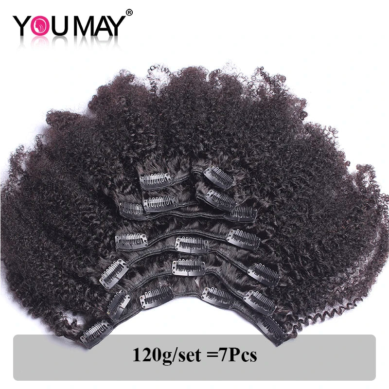 4B 4C Afro Kinky Curly Clip-In Echthaar-Extensions 100 % mongolisches unbehandeltes Haar Echtes menschliches Naturhaar Schwarz Clip-Ins Afro-Bündel YouMay