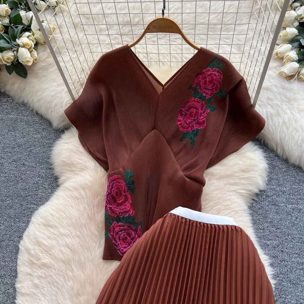 Two Pieces Women Dress Sets Solid Matching Sets V Neck Printing Top High Waist Pleat Dress Loose Fit Casual 2025 Autumn Winter