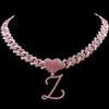 Hip Hop Bling Pink Crystal Cursive Initial Letter Cuban Necklace for Women Iced Out Paved Cuban Chain Necklace Choker Jewelry