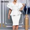 CM.YAYA Damen Kurzarm V-Ausschnitt Gürtel Hohe Taille Midikleid 2025 Sommer Afrika OL Business Abend Sexy Partykleider Vestidos