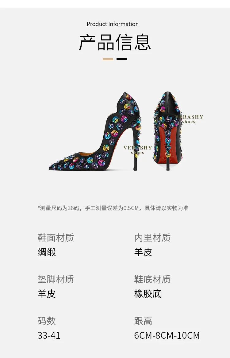 2025 Spring New High Heels Women's Embroidered Beaded Black Sexy Queen's Heel 10-12cm Pointed