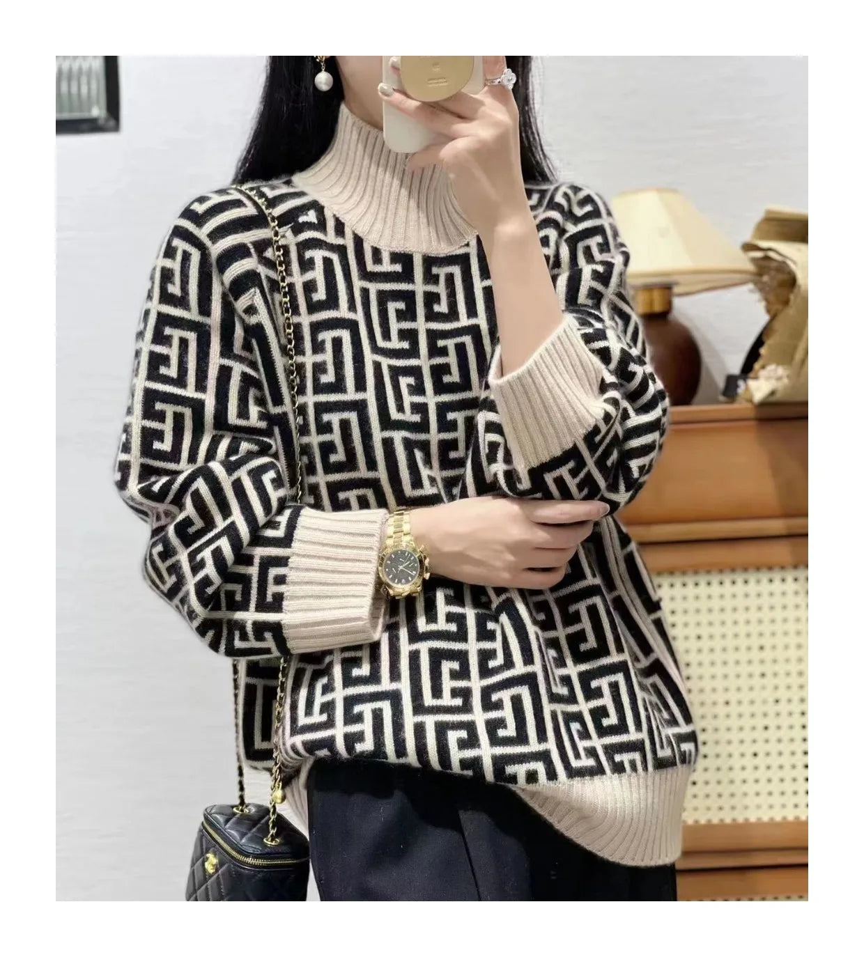 High-End 100% Ziegenwollpullover Damen Stehkragen lockerer Pullover Herbst Winter neuer Stil im Western-Look mit Verjüngungseffekt
