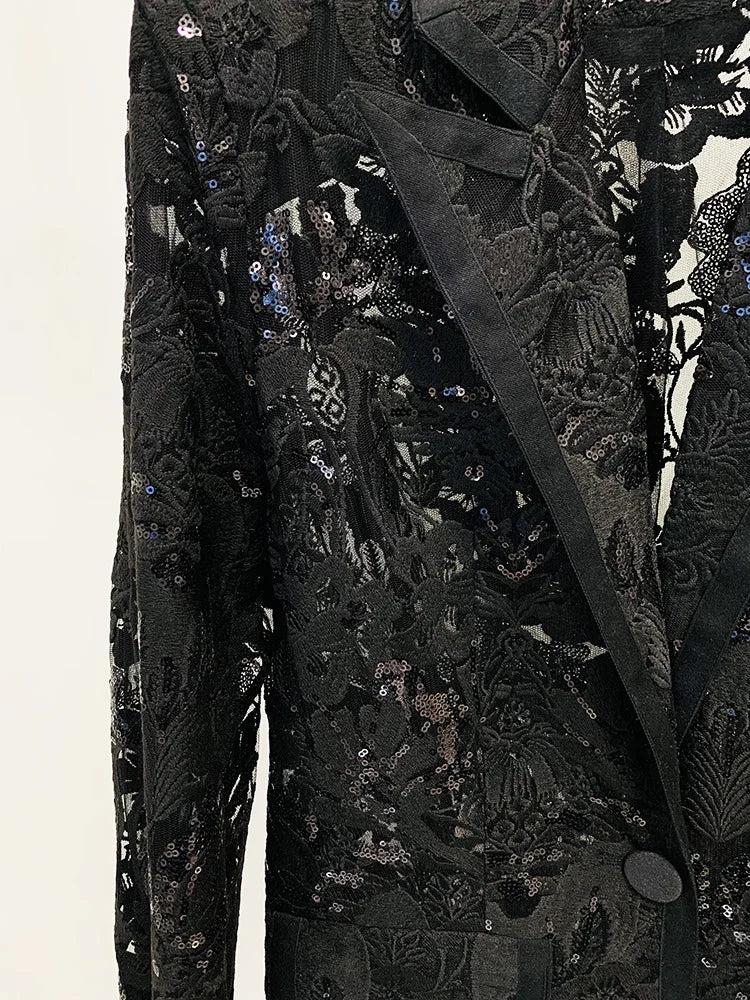 HIGH STREET Newest 2026 Designer Runway Suit Set Women's Single Button Guipure Lace Sequined Blazer Pants Suit