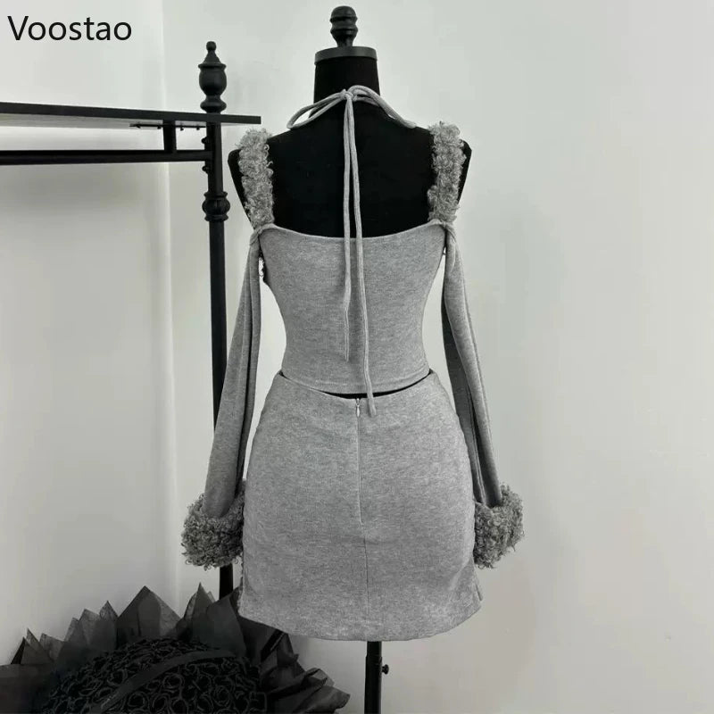 Süß Sexy Unregelmäßig 2-teiliges Set Damen Chic Plüsch Patchwork Slim Tops Minirock Anzug Koreanischer Y2k Ästhetik Lolita Stil Outfits