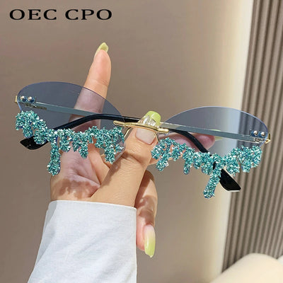 Diamant Randlose Sonnenbrille Damen Luxus Marke Strass Sonnenbrille Damen Sexy Tropfenform Punk Party Brille gafas de sol