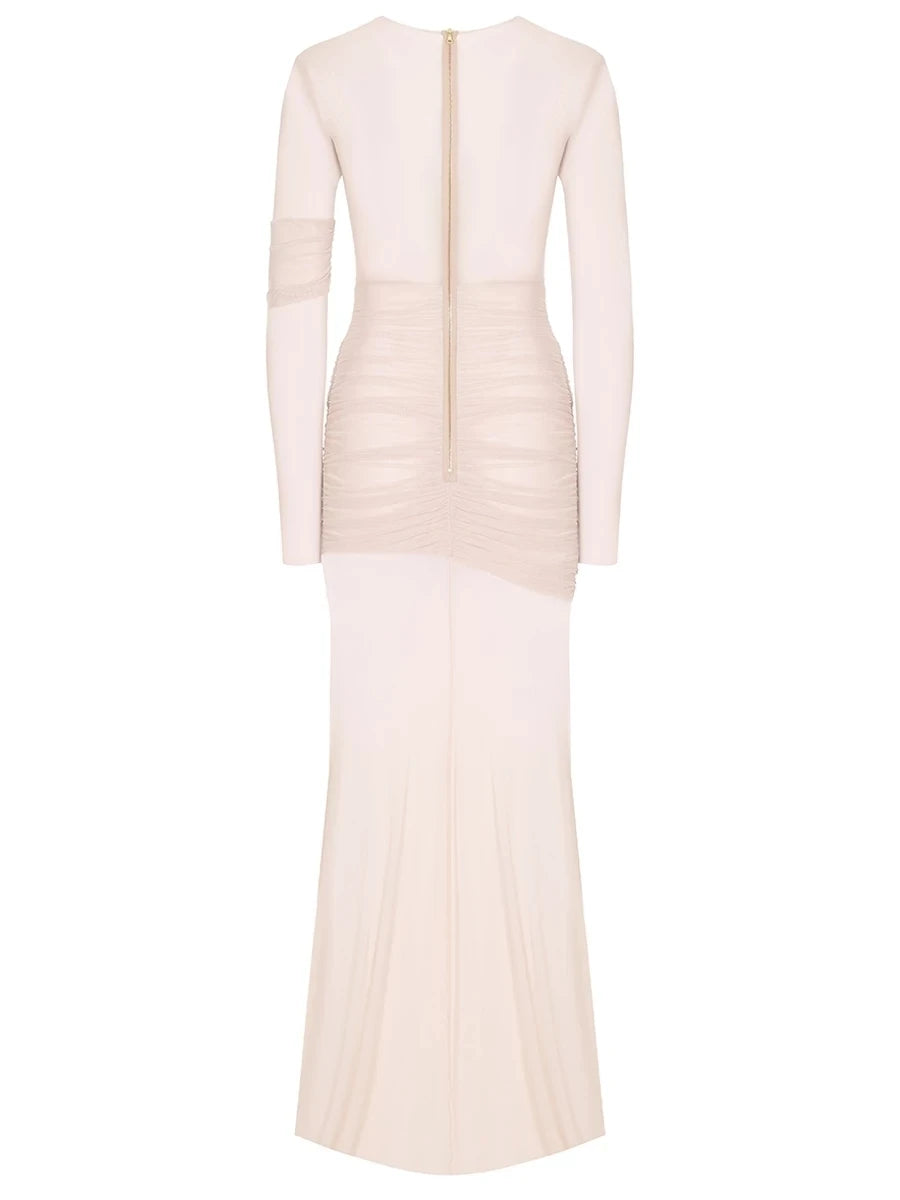 Articat Elegantes Mesh-Patchwork Langarm-Bodycon Party Club Abendkleid Sexy Doppellagiges Perspektivkleid Herbstkleidung