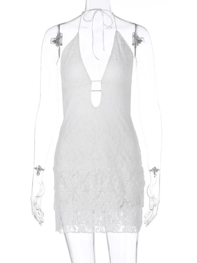 Articat 2024 Sommer Neue sexy Hollow Out Lace Up Hängende Damenkleid Temperament Vestido Kurzer Rock Slim Party Urlaub Strand