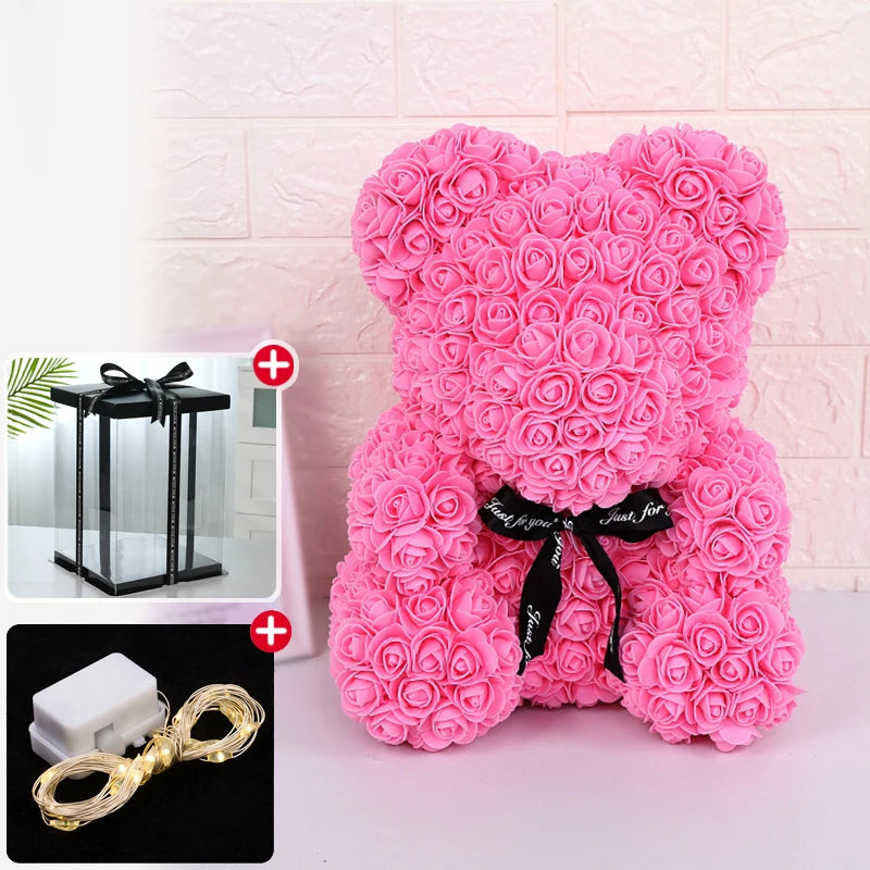 Valentinstagsgeschenke Dekoration Rosenbär Künstliche Blume mit Box Lichter Teddybär für Frauen Freundin Geburtstagsgeschenk Liebesblume