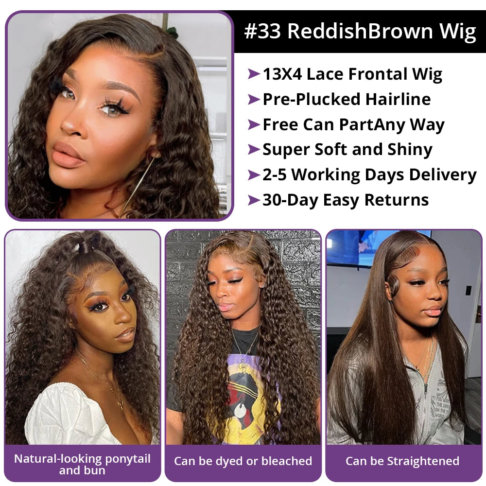 300 Density Chocolate Brown Deep Wave Lace Front Human Hair Wig 40Inch Color Hd Lace Frontal Wig For Women 13x6 Water Curly Wigs