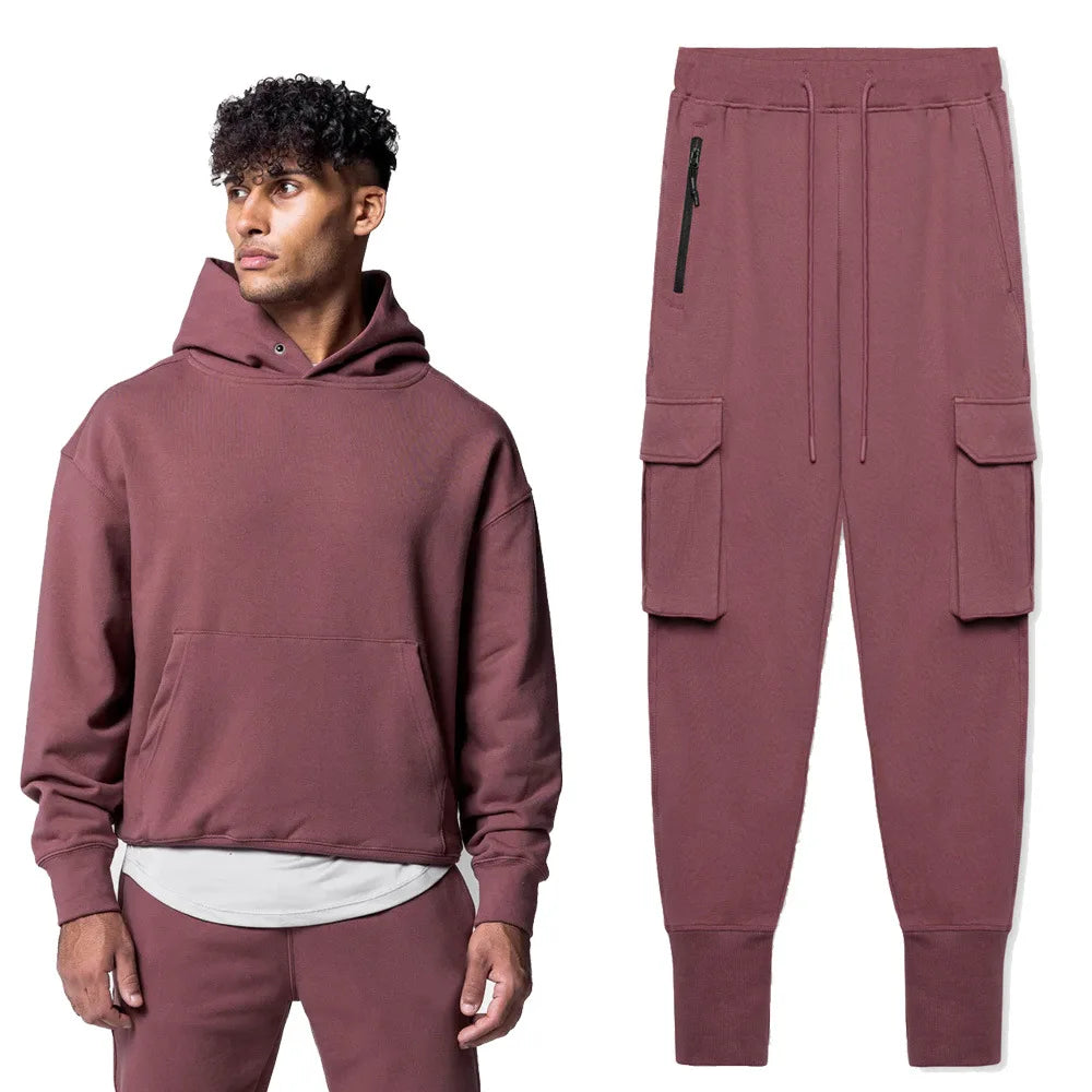 Men's Thick Cotton Training Sets Hoodie Casual Sports Pullover Hooded 2-piece Top with Pants Sweatshirts Gym Running Tracksuits