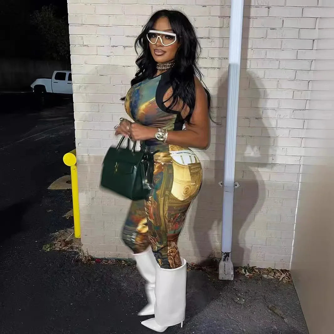 FAGADOER Mode-Print 2-teilige Sets Damen Outfit Ölgemälde Ärmelloses Crop Top und Hose Damen Streetwear Sommer Frühling Neu