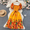 YuooMuoo Fashion Sommer Blumenmuster Langes Kleid Damen Vintage Eckiger Ausschnitt Geraffte Brust Schärpe Bandage Sundress Party Kleider