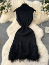 Joskaa 2025 Summer Women Elegant Round Neck Sleeveless Tassels Hem Bodycon Mini Knitted Dress Holiday Beach Party Clubwear