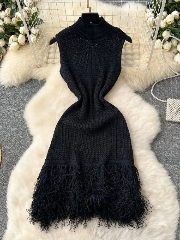 Joskaa 2025 Summer Women Elegant Round Neck Sleeveless Tassels Hem Bodycon Mini Knitted Dress Holiday Beach Party Clubwear