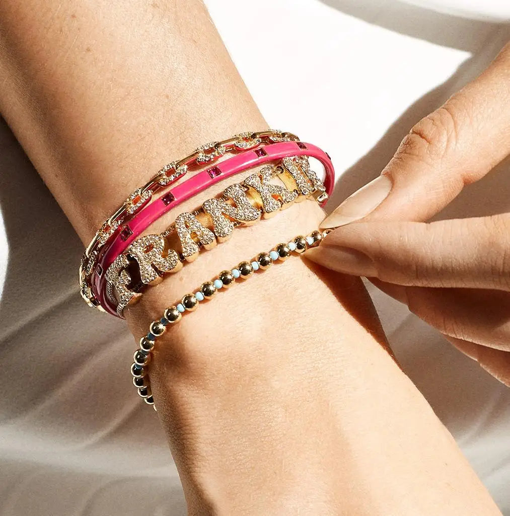 DOREMI Fat Bubble Slide Armband mit Initialen, voll mit Kristallbuchstaben, Damen-Namen, DIY-Schiebebuchstaben-Armbänder