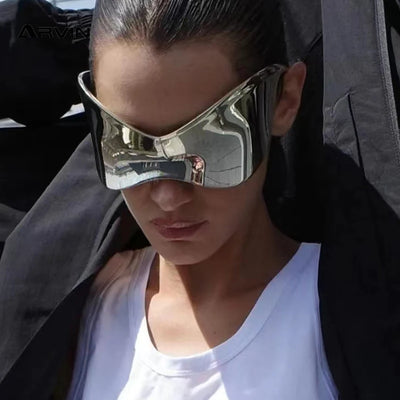 Oversized Futuristische Shield Sonnenbrille für Damen Herren Mode Silber Masken-Visor Sonnenbrille Female Punk Y2K Brille