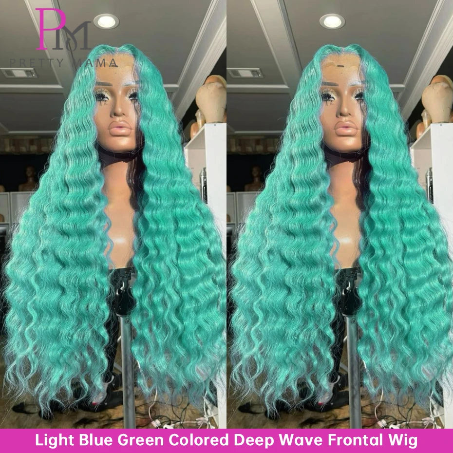 13x4 13x6 Green Blue Lace Front Wigs Human Hair Deep Wave Lace Closure Frontal Wig Deep Curly Mint Green Colored Human Hair Wigs