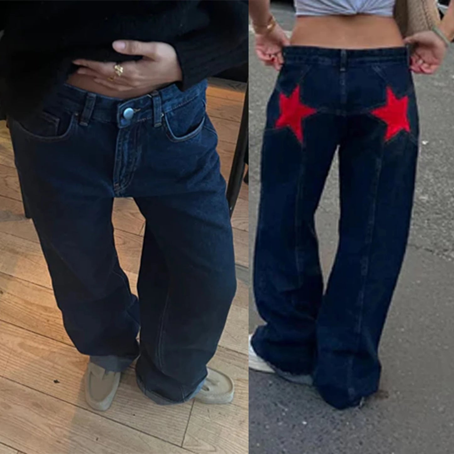 Combhasaki Damen Y2K Vintage Jeans Ästhetischer Sternmuster-Print Loose Straight Leg Denim Lange Hose Lässige Low Waist Hose