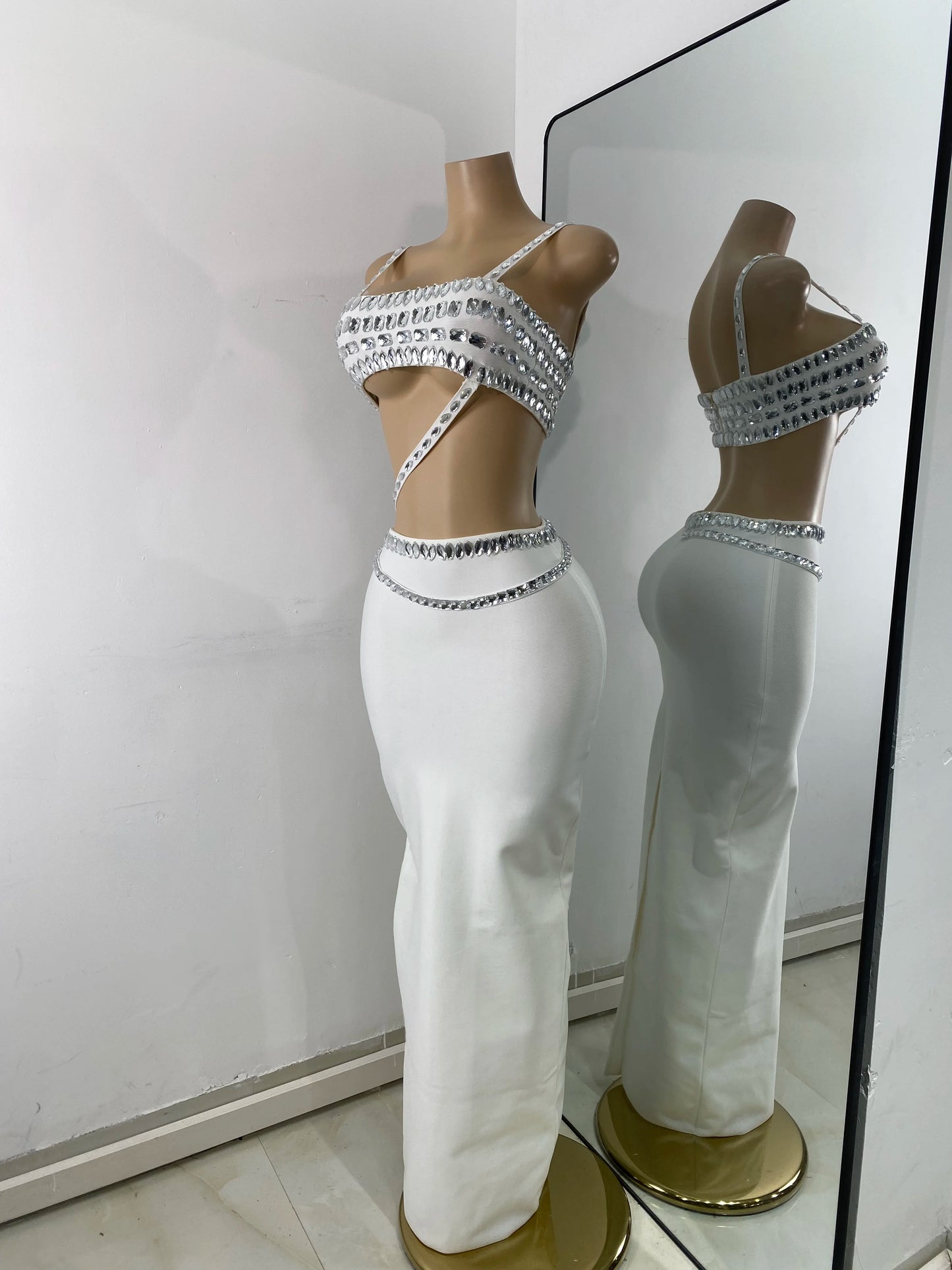 Luxus Kristall Diamanten Top Rock Zweiteiler Damen Bandage Sets Weiß Schwarz Gestrickt Celebrity Abend Geburtstag Party Outfit