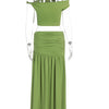 Beyprern Luxury Green Gold Broach Top & Maxi Skirt Set Two-Piece Dress Holiday Outfits Women High Slit Ruched Metal Bubble Dress