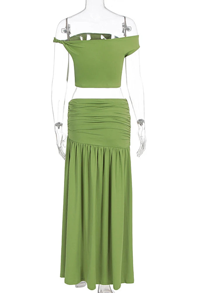 Beyprern Luxury Green Gold Broach Top & Maxi Skirt Set Two-Piece Dress Holiday Outfits Women High Slit Ruched Metal Bubble Dress