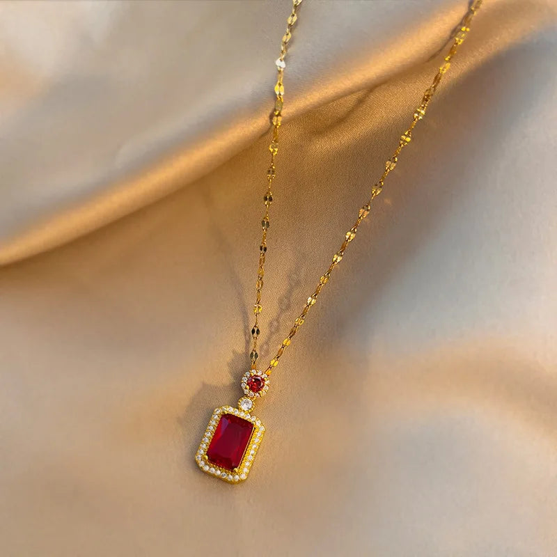 DIEYURO 316L Stainless Steel Square Green Red Zircon Pendant Necklace For Women Classic Luxury Girls Jewelry Chain Birthday Gift