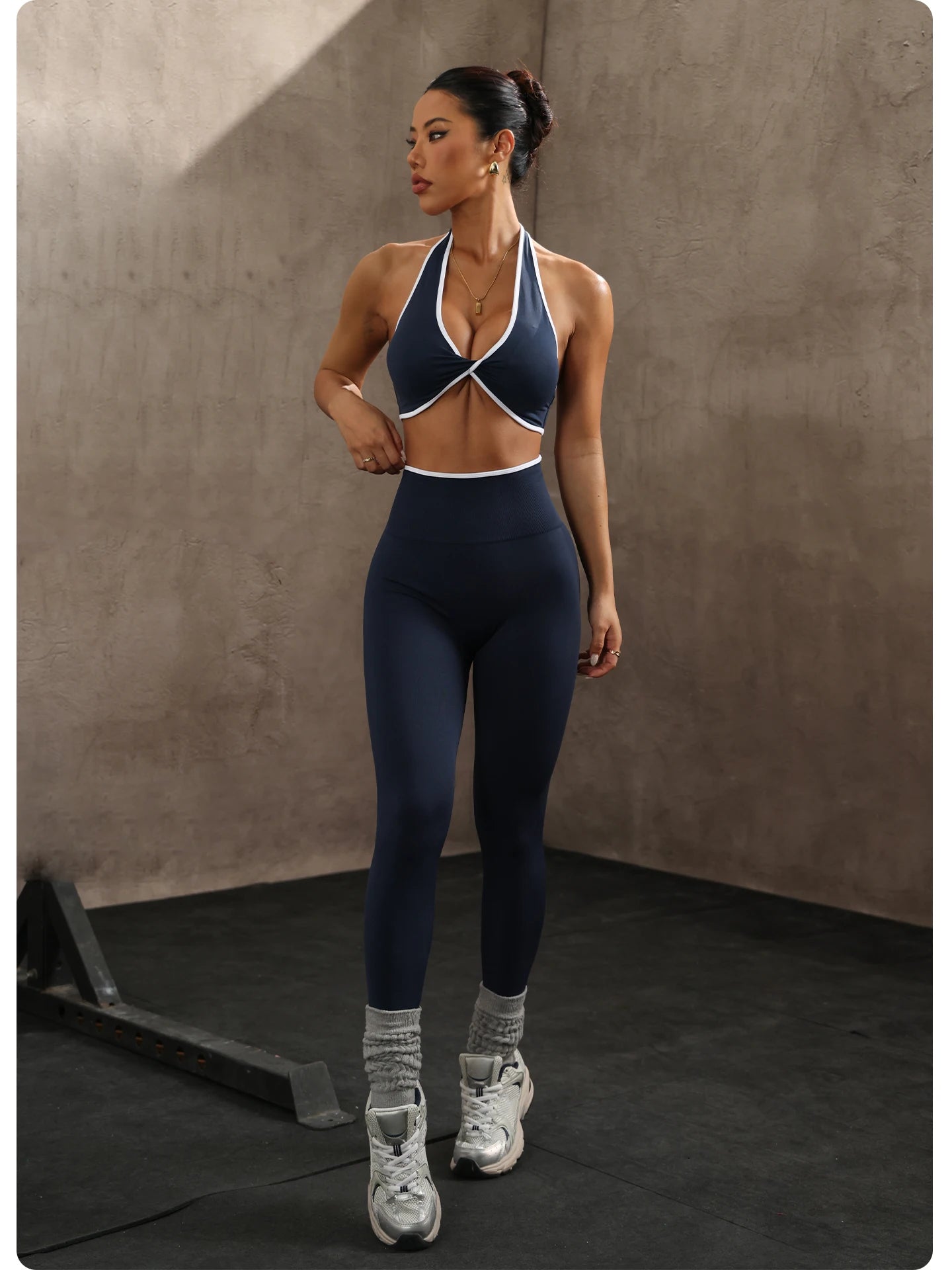 ZHEJIN 2 Piece Yoga Set Women Contrast Trim Halter Sports Bra High Waist Seamless Leggings Gym Workout Set Fitness Activewear Su