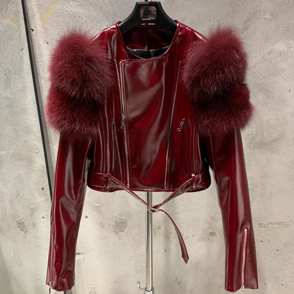 GO BALLISTIC YA Ladies' Genuine Leather Jacket with Fur Sleeve Women's Natural Lambskin Outfit