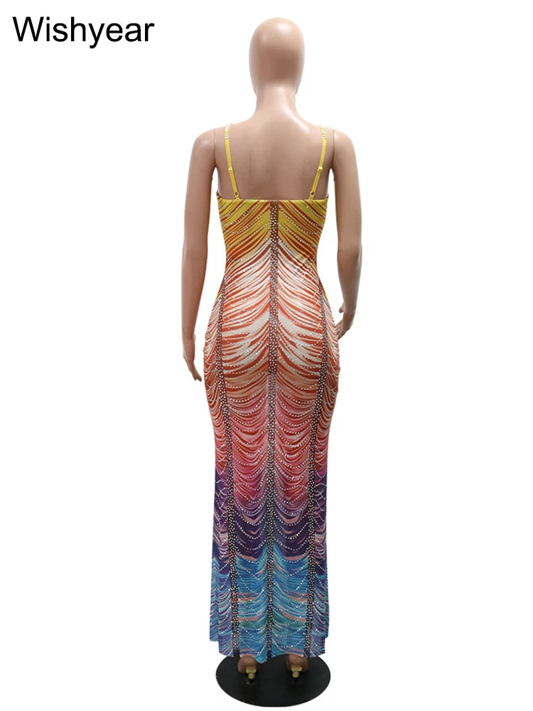 Neue Gradient Strass Tie-Dye Print Neckholder Meerjungfrau Lange Kleider Damen Rückenfrei Ärmellos Schmal Geburtstagsparty Abschlussball Vestidos